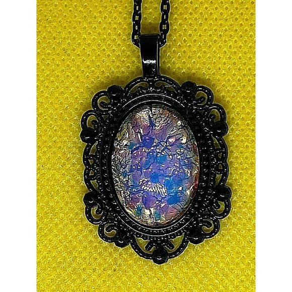 Opalescent Fire White Opal Black Enamel Necklace - Picture 3 of 9